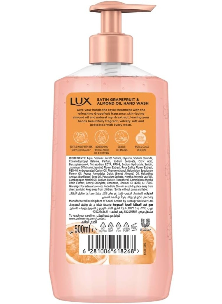 Lux Perfumed Hand Wash, Satin Grapefruit and Almond Oil, for Fragrant, Soft & Clean Hands, 500ml - Image 2